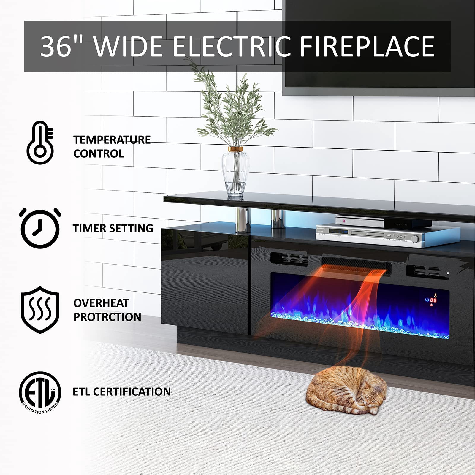 Amerlife 110" Large Fireplace TV Stand Set with 36" Electric Fireplace, Modern High Gloss TV Console Table for 80" TV, Black