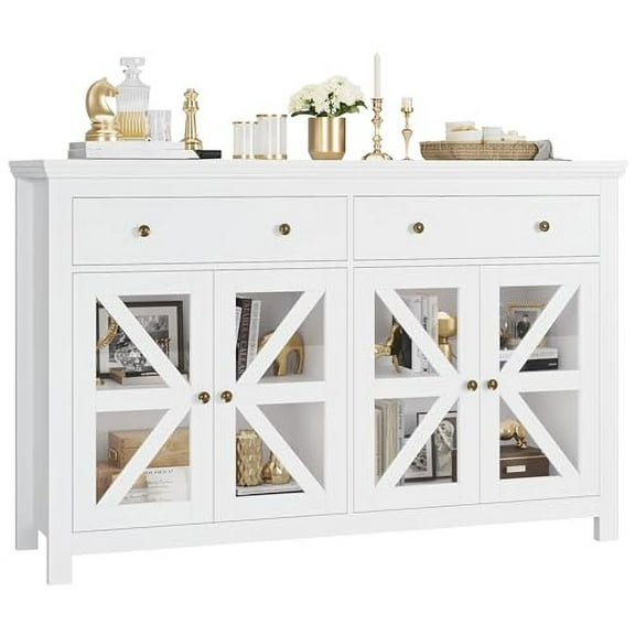 FOTOSOK Sideboard Buffet Cabinet with Storage, 55.1" Large Sideboard Cabinet Kitchen Cabinet with 2 Drawers and 4 Glass Doors, White Coffer Bar Cabinet Buffet Table for Dining Livi