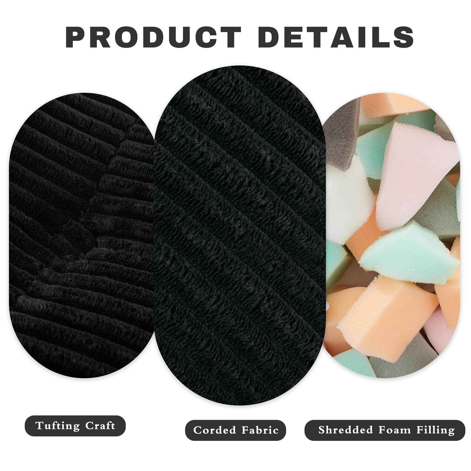 Black Corduroy Round Pouf Ottoman, Foot Rest, Foam Chunk Filling