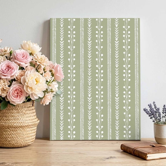 Canvas Wall Art Sage Green Canvas Art Print Rustic Vertical Dashed Lines Shabby Chic Leaf Cottagecore Pictures Wall Decor for Living Room Bedroom Artwork Decorations Framed Ready to Hang 8"x10"