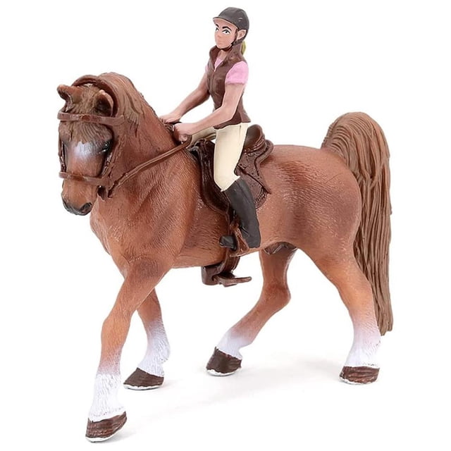 Vogacara Caballo marrón de simulación en miniatura con estatuilla de amazona y de Animal de silla de montar juguetes de modelos de colección Juguetes Vogacara FN006285-00