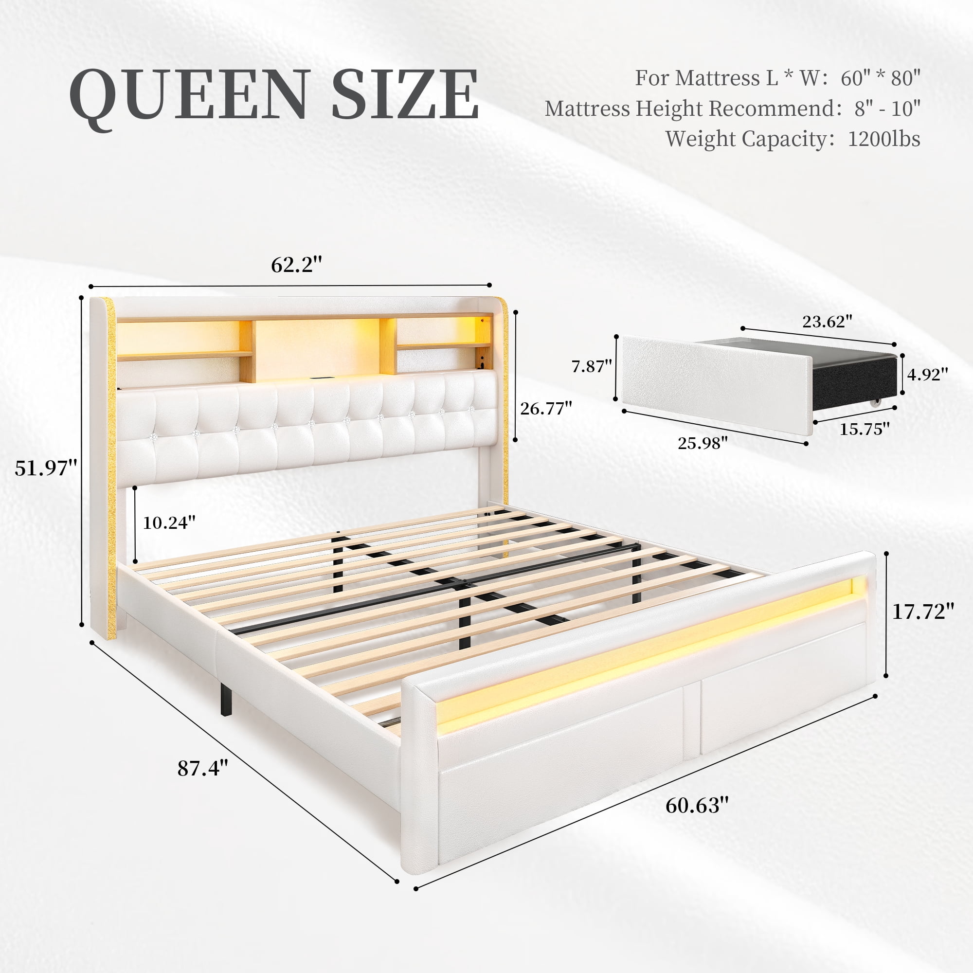 SIBEDS LED Bed Frame with 2 Storage Drawers and PU Upholstered White Wingback Headboard, Queen