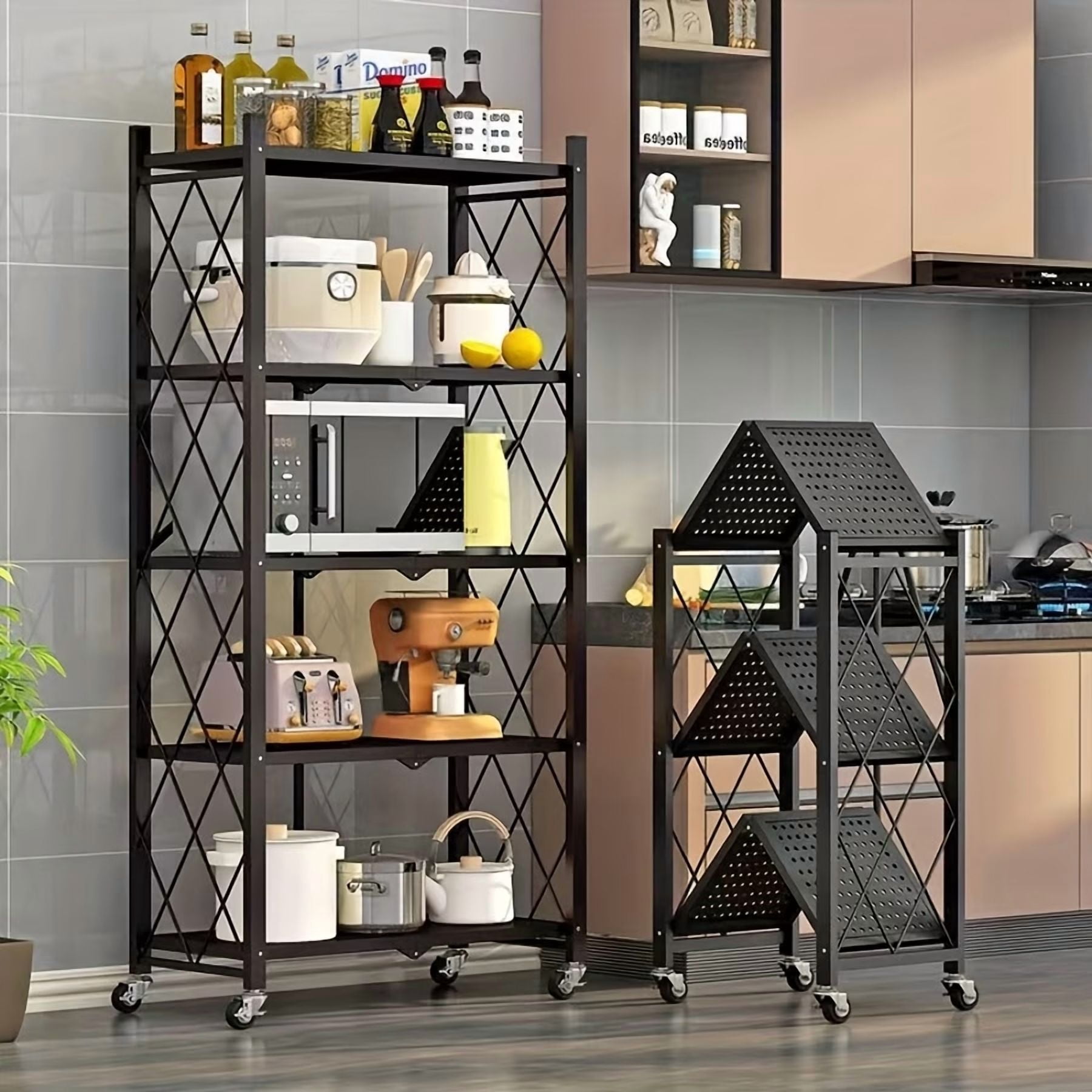 Heavy Duty Foldable Metal Storage Rack with Wheels, 3 Tier, No Installation, Removable Shelves, Black - Utility Shelving for Garage, Kitchen, Living Room, Study, Basement