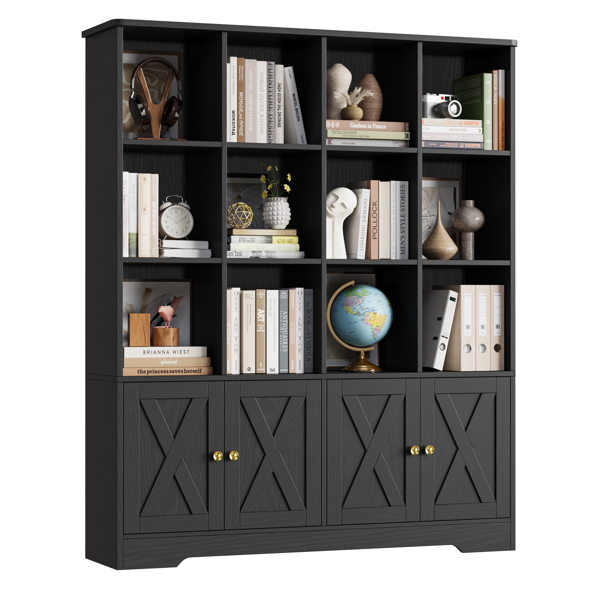 Homfa 12 Cube Double Wide Bookcase with Doors, 3 Tier Library Cabinet & Bookshelves for Home Office Living Room, Black