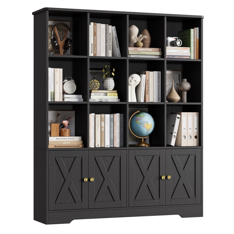 Homfa 12-Cube Double Wide Bookcase with Doors, Black photo 7