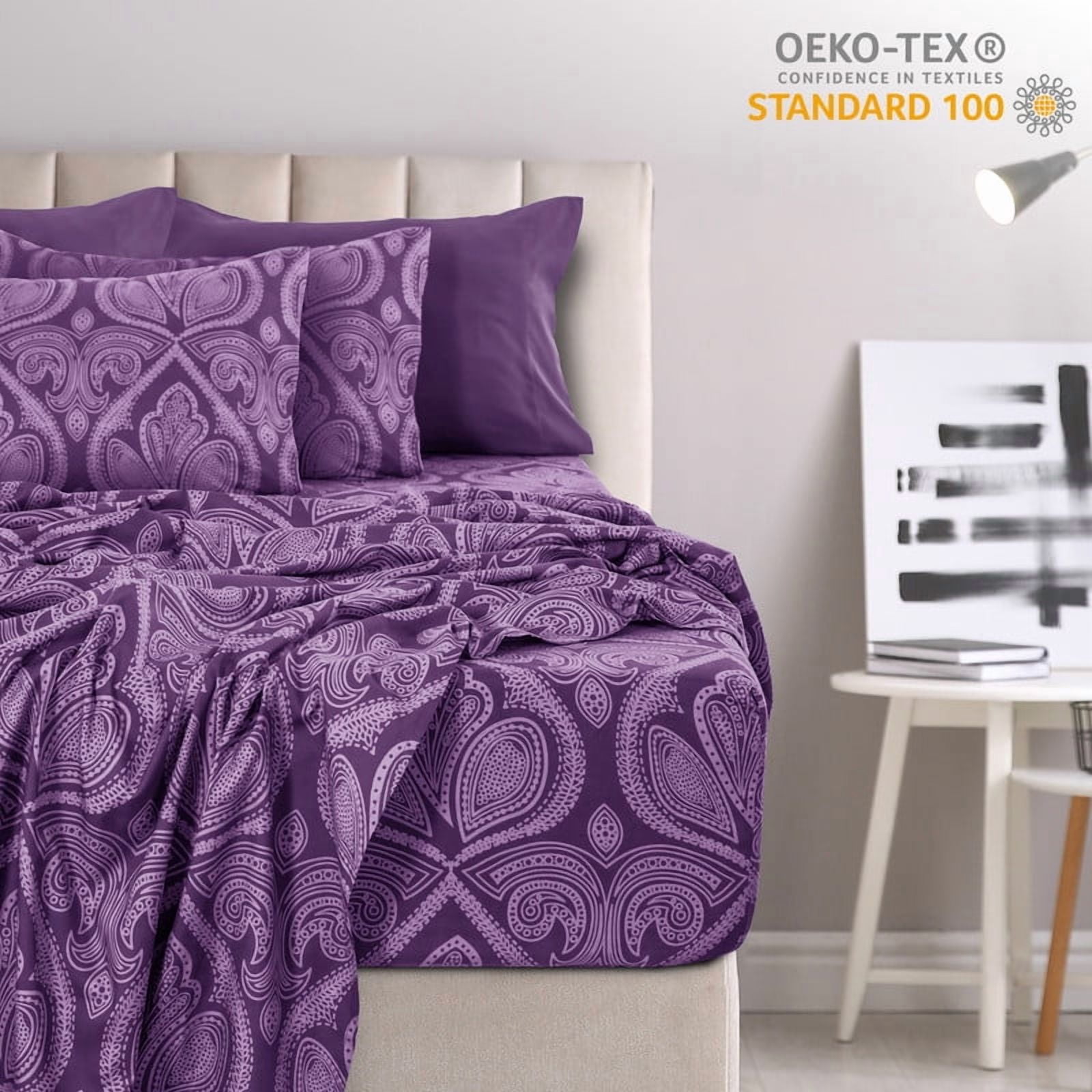 Lux Decor Collection Paisley Printed Queen Bed Sheets Set, Microfiber 6 Piece Bedding Set - Purple
