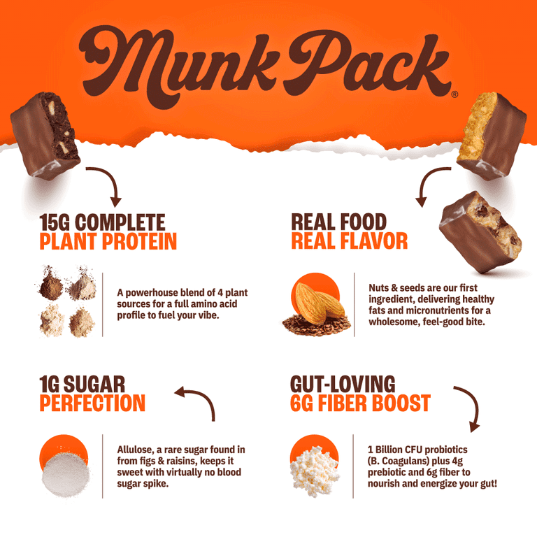 MUNK PACK Probiotic Protein™ Bars - Peanut Butter Chocolate - 15g Protein - Low Sugar - High-Fiber Vegan Snacks - 4 Count Box