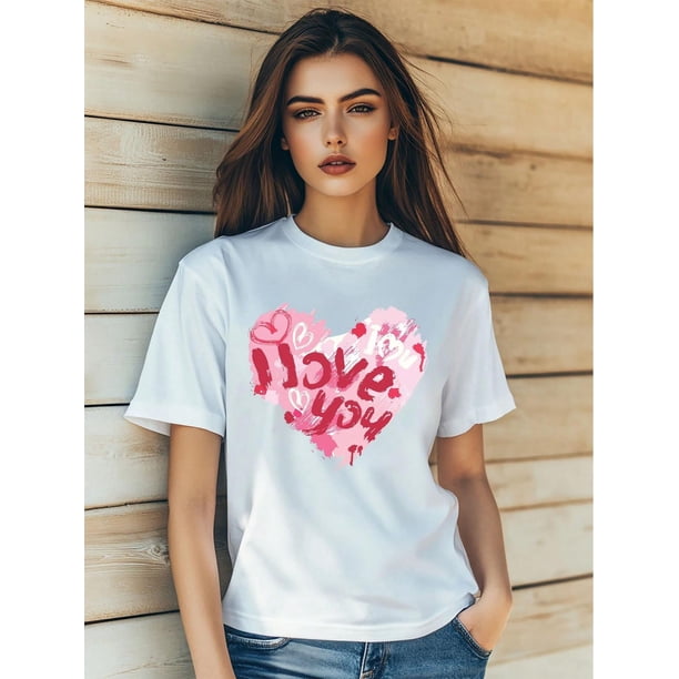 Women's Valentine's Day Romance Love Cartoon Print T-Shirt Fashion Short Sleeve Round-Neck Fit Tops Summer Casual