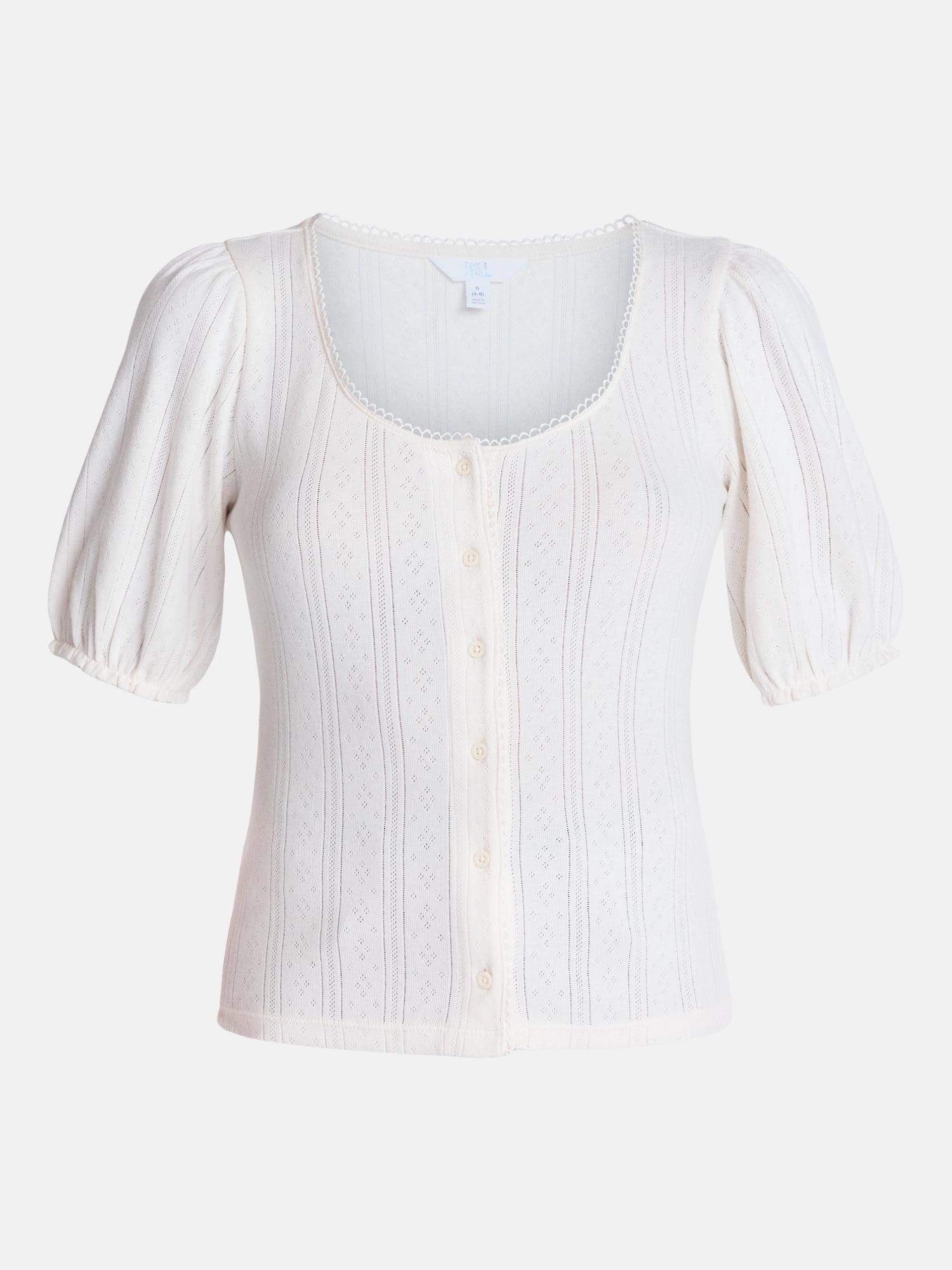 Time and Tru Women's Pointelle Top with Short Sleeves, Sizes XS-XXXL