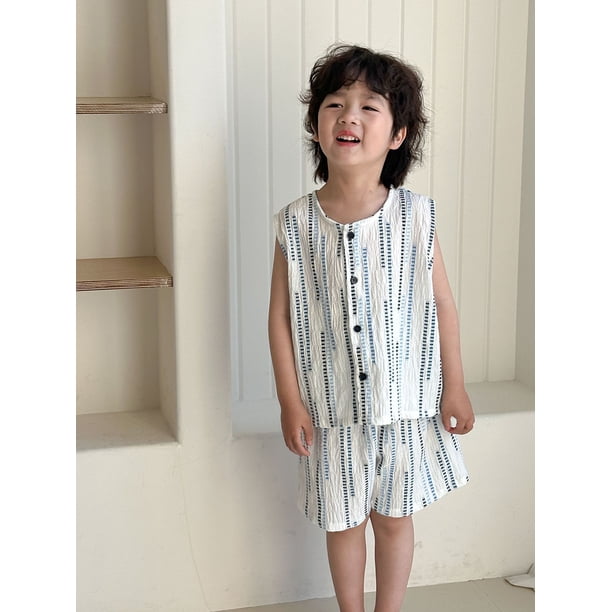 Conjunto de chaleco de verano para niños, traje superior de encaje para niñas, camiseta sin mangas a rayas bordadas y pantalones cortos, traje informal para niños de 2 uds, traje para hermanos
