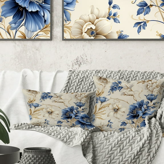 Designart "Delightful Cobalt Cameos" Floral Printed Throw Pillow