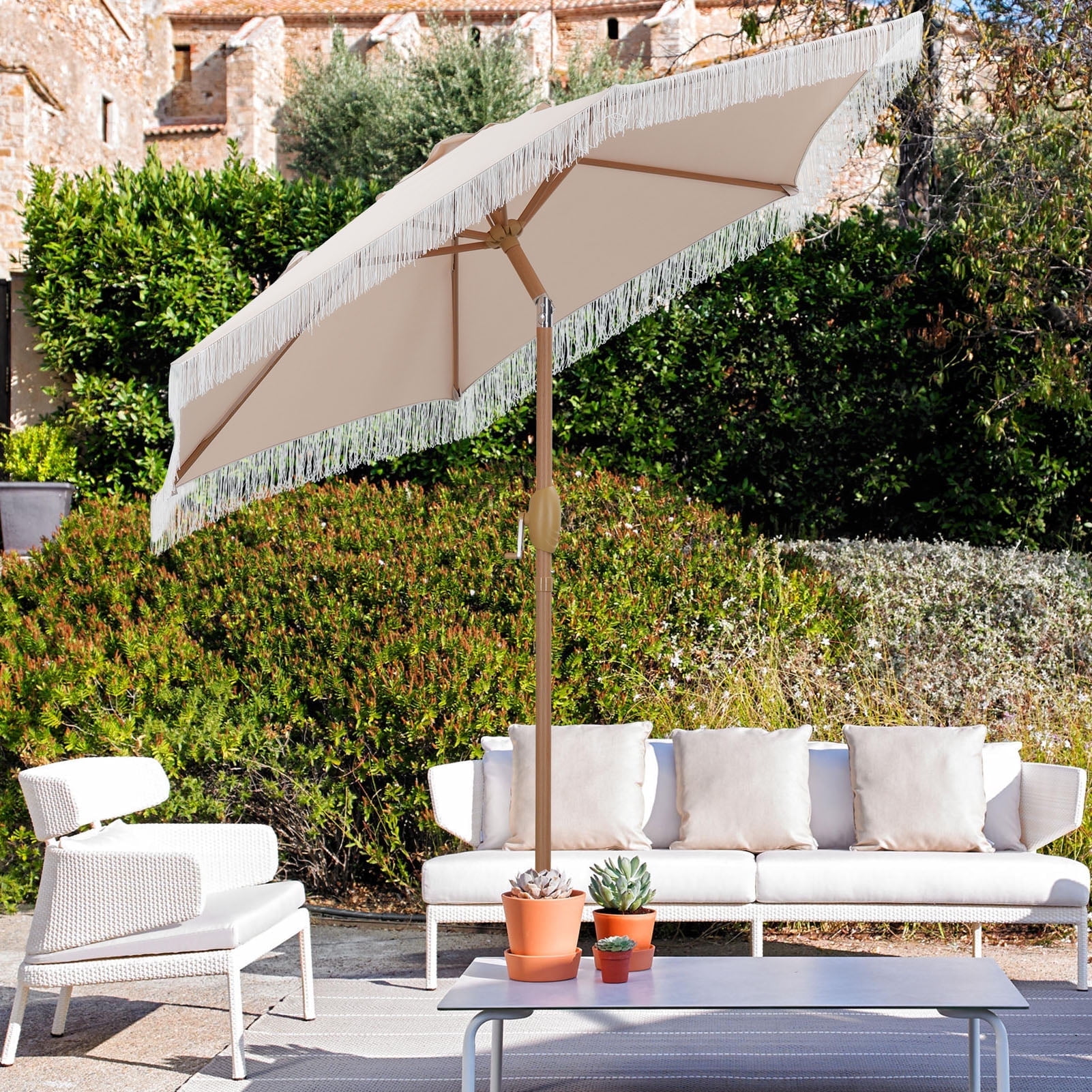 Autlaycil 7.5 ft Fringe Patio Umbrella, Outdoor Table Tassels Umbrella with Push Button Tilt and Crank - Khaki