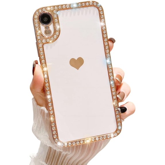 Compatible with iPhone XR Case for Women Girls, Cute Love Heart Pattern Electroplated Crystal Rhinestone Design Soft Slim TPU Protective Bumper Cover for iPhone XR 6.1"-White
