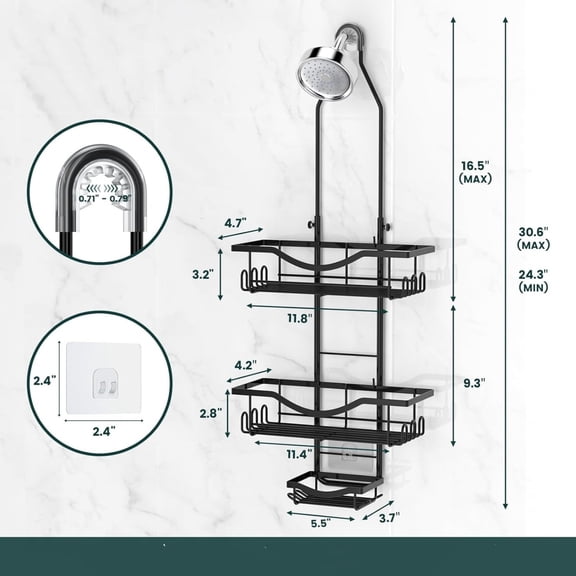 CA Hanging Adjustable Shower Caddy, Rustproof Shower Organizer Extended Length Shower Over Shower Head with Hooks Soap Holder, Large Capacity Anti-Swing Bathroom Storage, Black