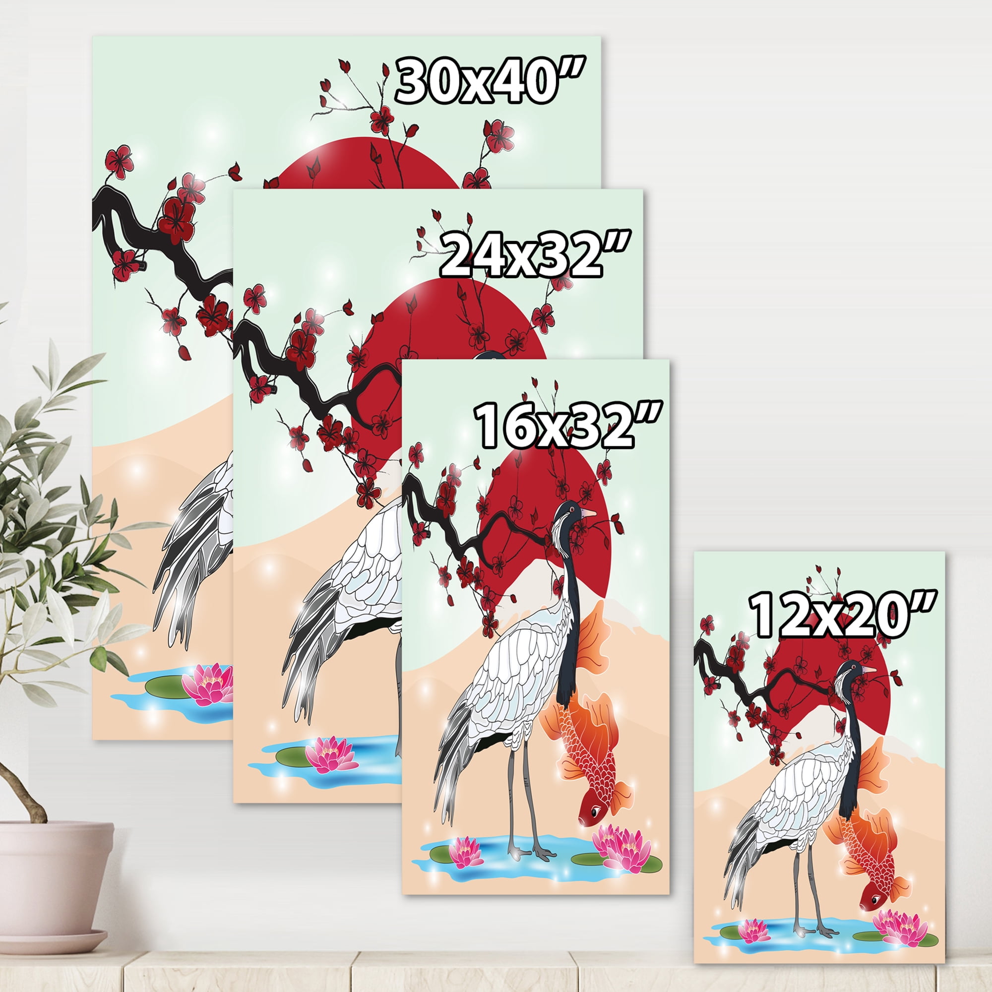 Designart ' Koi Fish With Crane Bird ' Farmhouse Canvas Wall Art Print