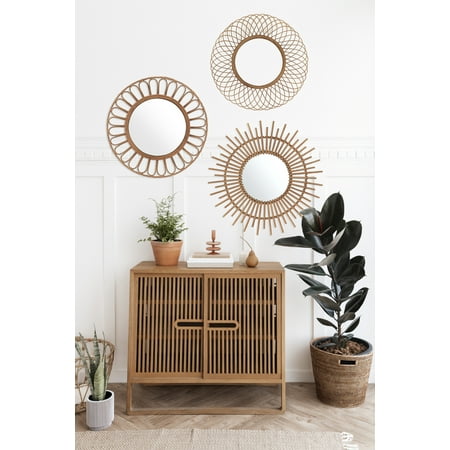 Mirrorize Canada Dia 28 Inches Ahau Hand Made Rattan Frame Round Wall Mirror Beige Decorative Sunburst Accent Boho Mirrors Decor For Bathroom Entryway Bedroom Boho Decor For Bathroom Entryway, Mirror Set Wall Decor Canada