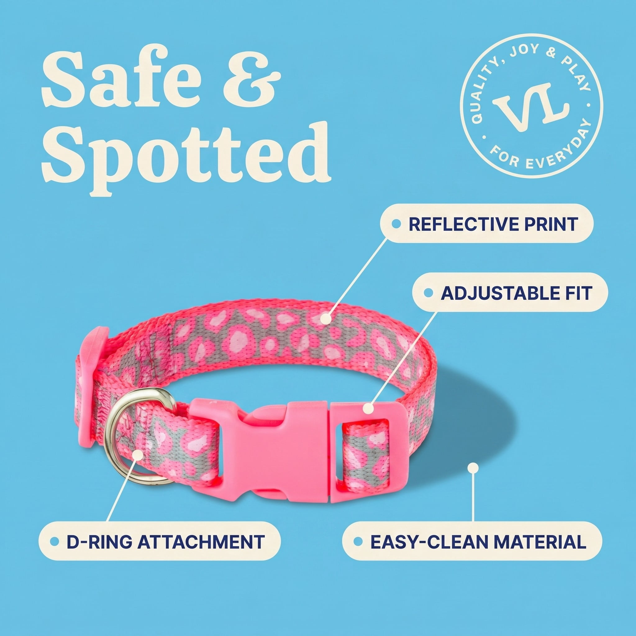 Vibrant Life Reflective Adjustable Dog Collar, Pink Cheetah, Large