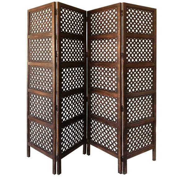 Mango Wood Room Divider - 4 Panel Hinged ScreenDecorative Space SeparatorBrown Finish80" Height