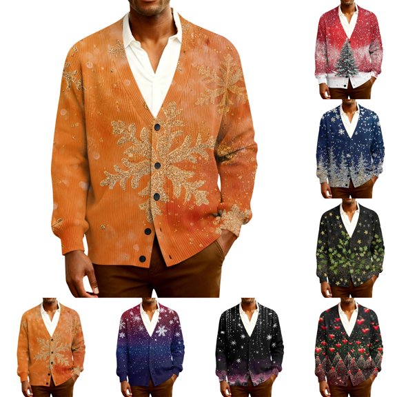 yuCgh Men's Ribbed Knit Holiday Cardigan, Christmas Print Long Sleeve Open Front, Festive Sweater Jacket for Seasonal Gatherings & Casual Wear,Black,L