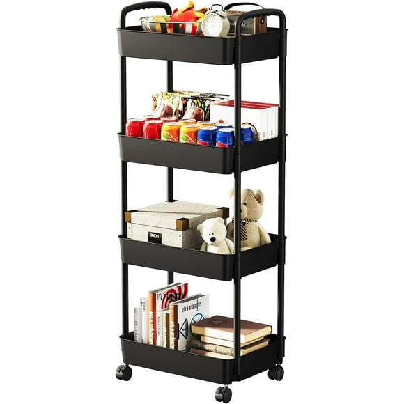 shiyou-4 Tier Rolling Utility Cart with Wheels, Storage Trolley Cart with Handle, Storage Organizer for Kitchen, Bathroom, Living Room, Office (Black)
