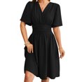 thumbnail image 1 of Honganda Robe Midi Femme Couleur Unie Manches Courtes Col en V Robe Été Mode Décontractée Robe Trapèze, 1 of 9