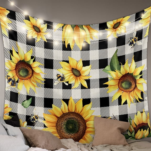 Summer Sunflowers Small Tapestry for Bedroom Wall Hanging Tapestry, Pastoral Black Plaid Farmhouse Ceiling Backdrop Tapestries Poster Blanket Wall Decor for Teens Room Living Room Dorm 23" x 28"