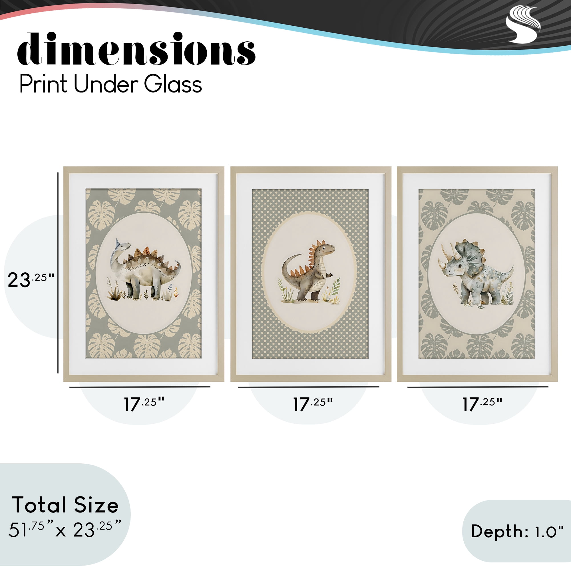 Stupell Industries Nursery Dinosaurs Tropical Border 3 Piece Birch Framed Print Under Glass Set, design by LSR Design Studio