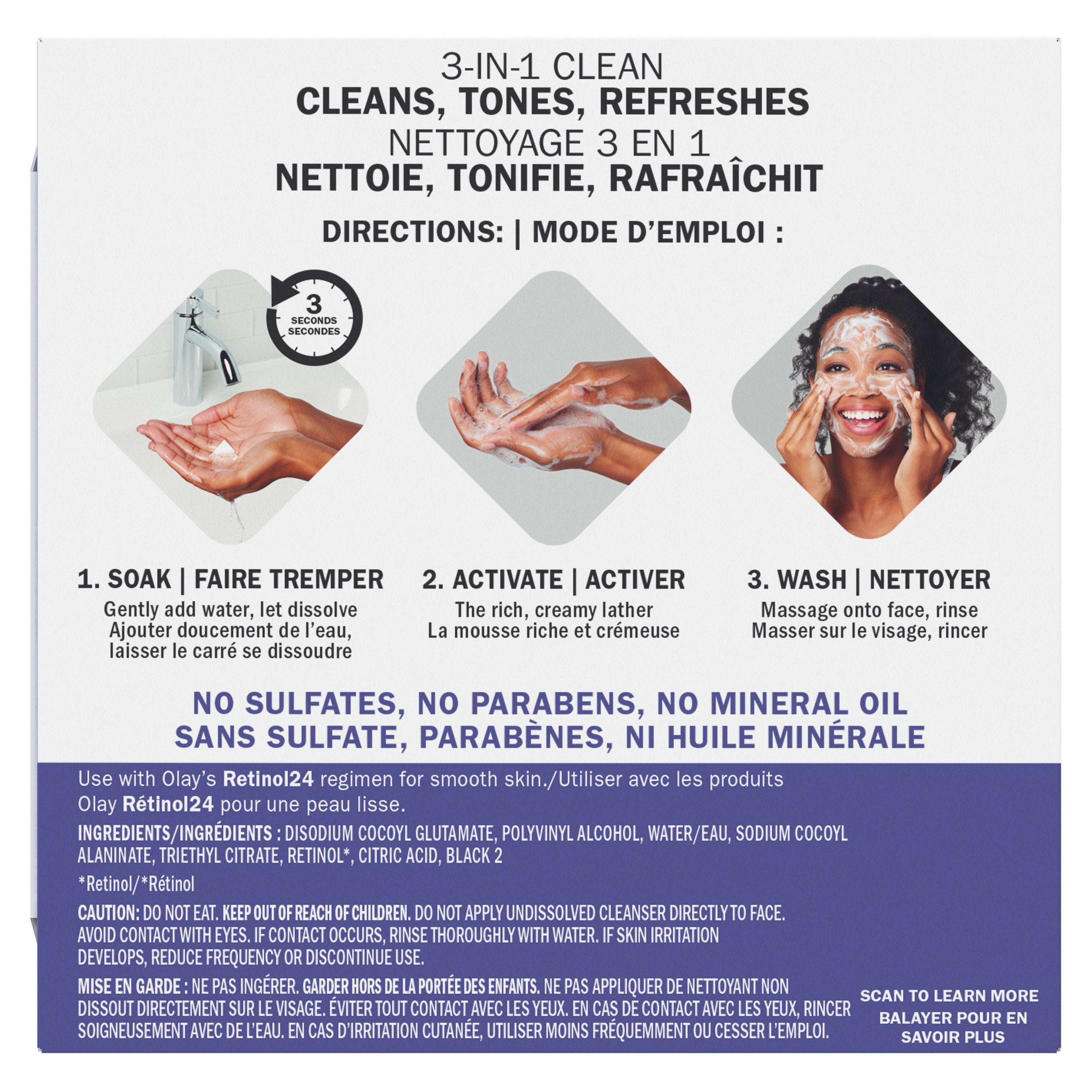 Nettoyant fondant pour le visage Olay + Rétinol, nettoyant pour le visage activé par l’eau, 32 unités, pour nettoyer, tonifier et rafraîchir la peau 32CT