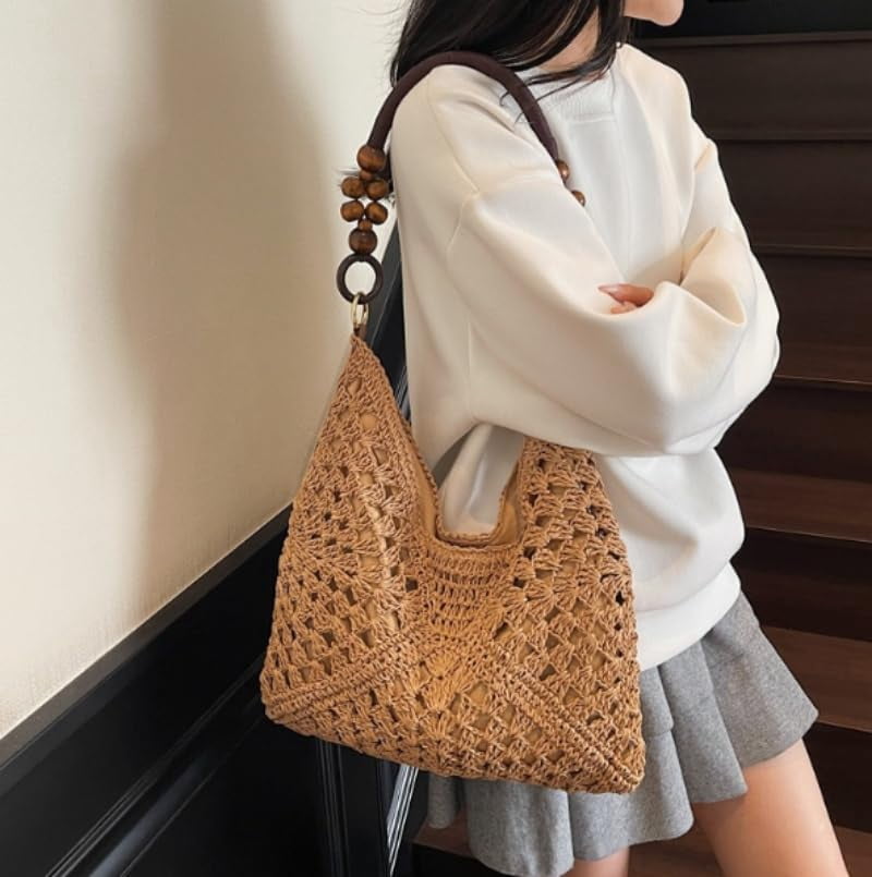 Large Bohemian Handmade Crochet Shoulder Bag – Women’s Summer Straw Woven Tote for Beach, Travel, Casual