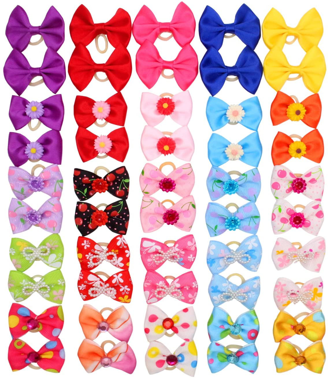 YOY Adorable Grosgrain Ribbon Pet Dog Hair Bows with Elastic Rubber Bands Doggy Kitty Topknot Grooming Accessories Set for Long Hair Puppy Cat 