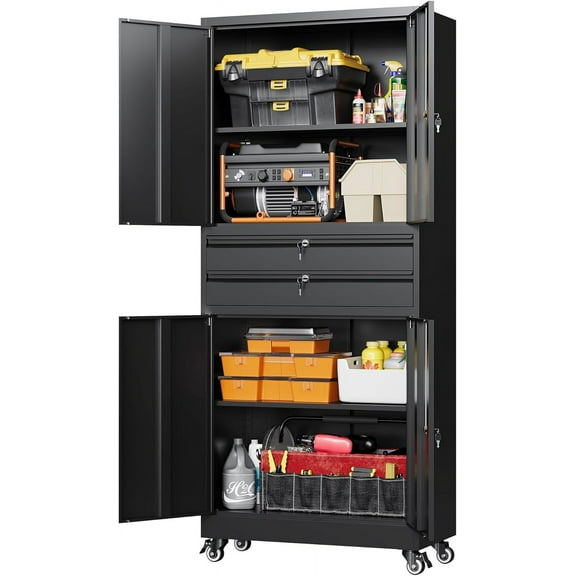 Letaya Metal Garage Storage Cabinet with Wheels,Rolling Tool Cabinet with 4 Door Lock-Adjustable Shelves and 2 Drawer for Garage Home Office Utility Room (Black with Wheels)