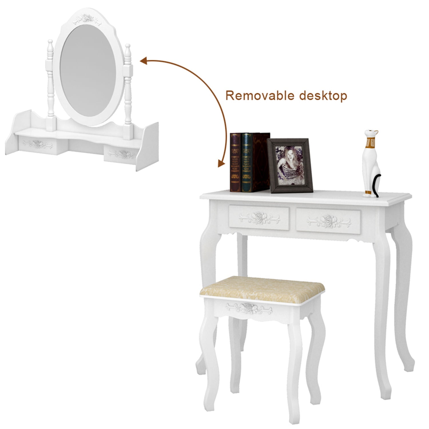 Kadyn Modern Concise 4-Drawer 360-Degree Rotation Removable Mirror Dresser, Vanity Table Set, Makeup Vanity Desk for Bedroom, White