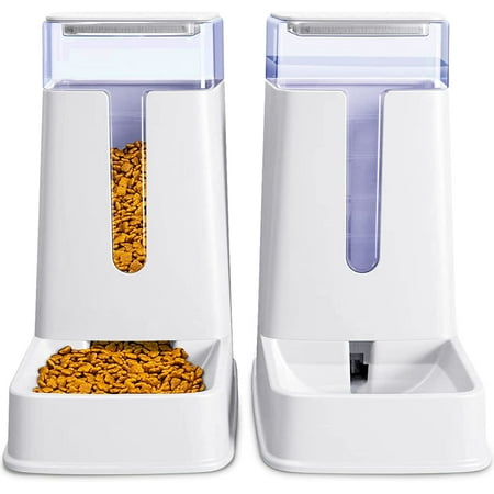 Automatic Cat Feeder and pet water dispenser in Set  for Small Medium Big Dog Pets Puppy Kitten  2 Pack Emapoy automatic cat feeder made of food grade plastic  100% BPA Free. Protect pet s health. Fresh Water and Food Anytime: The automatic cat feeders refills with water and food as it empties  keeping water and food fresh inside the reservoir until it dispenses. Material: Plastic Target Species: Cat  Dog Color: white Capacity: 3.8 Liters  1 Gallons