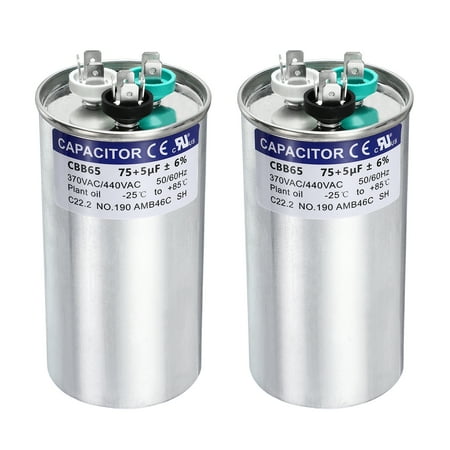 Uxcell 2Pcs 75+5MFD CBB65 Run Start Capacitor 75+5uF, 370/440V Round AC Capacitor for AC Motor Run, HVAC, Air Conditioner, Condenser Motors