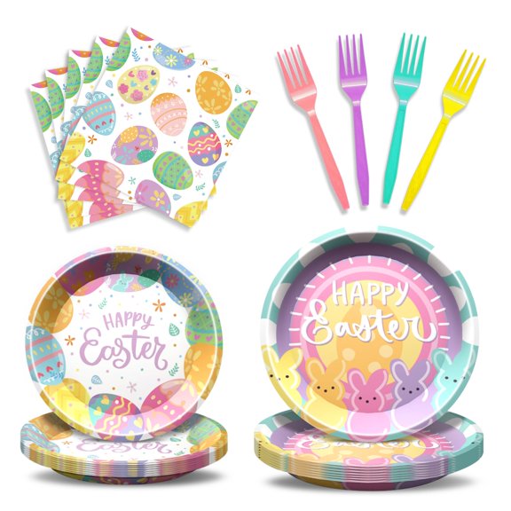 BSOMAM 96 Pcs Easter Party Supplies AFN1Easter Plates and Napkins Set Colorful Eggs Birthday Party Decorations Tableware for Kids Bunny Spring Birthday Decorations, Serve 24