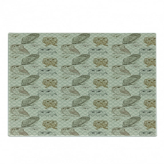 Owl Cutting Board, Cool Looking Owls Different Shapes and Sizes Drawing Style Sketch Pattern Print, Decorative Tempered Glass Cutting and Serving Board, Small Size, Brown Reseda Green, by Ambesonne