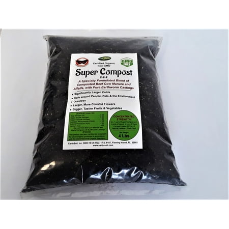 Super Compost Organic Fertilizer, 4 Lb. Bag makes 20 Lbs. Organic Plant Food, Specially Formulated blend of Worm Castings, Composted Beef Cow Manure & Alfalfa, 2-2-2 NPK + Calcium &