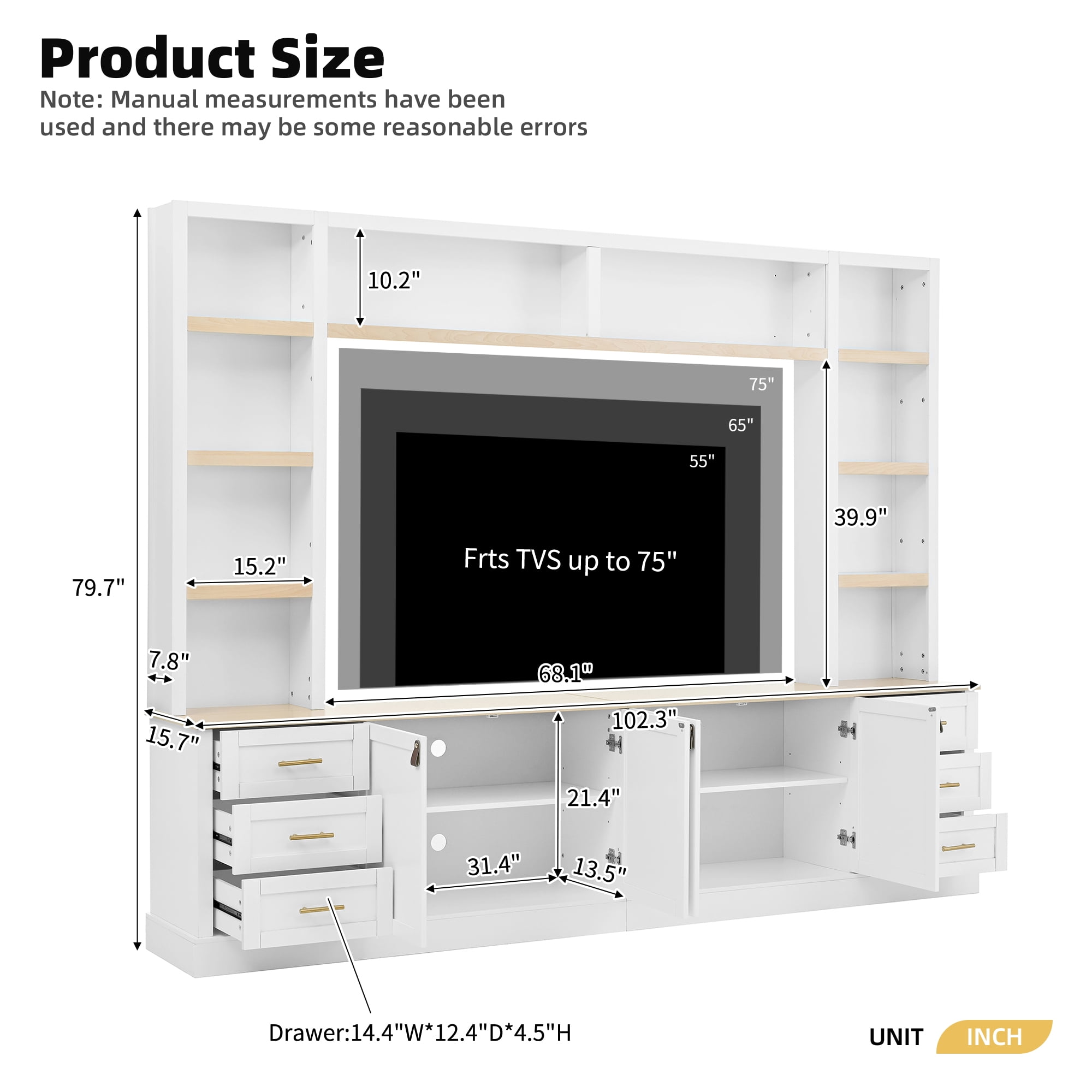 Harper & Bright Designs Farmhouse Wall Unit Entertainment Center 4-Piece with Bookshelves, Media Console with Adjustable Shelves, Large TV Stand with Storage for 75" TV, White