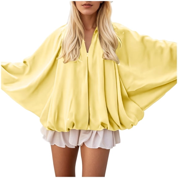QHFBli Women's Puffed Bomber Jacket Oversized Streetwear Casual Batwing Sleeve Lapel Collar Zip Front Pleated Shirts