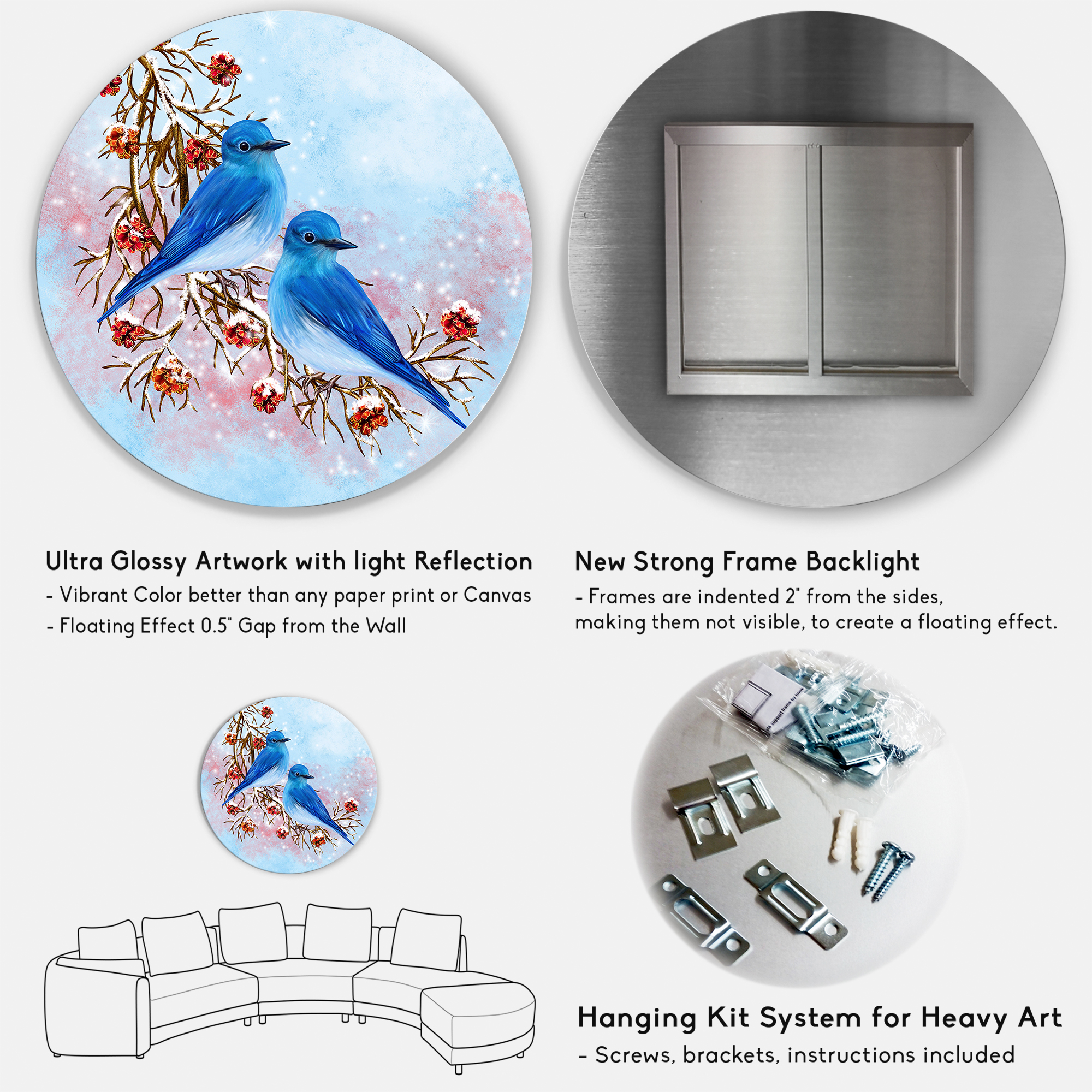 Designart 'Two Blue Birds Sitting On A Branch With Berries In Winter' Traditional Circle Metal Wall Art 36x36 - Disc of 36