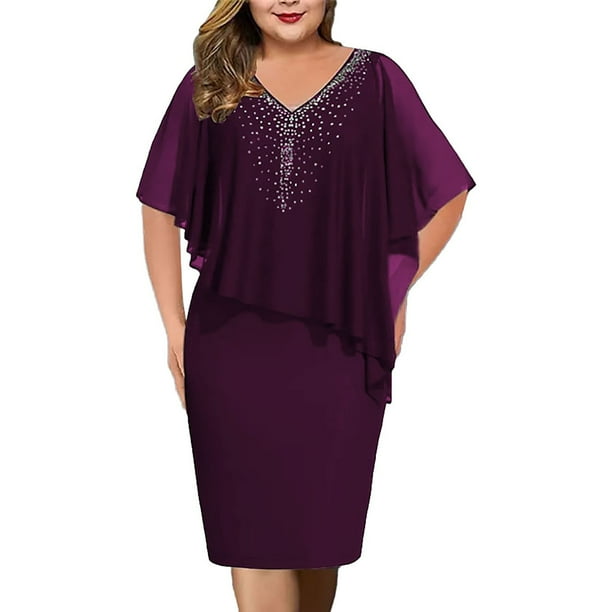 Gibobby Vestido de Verano para Mujer Vestido largo informal de manga corta con cuello en V de talla grande a la moda para mujer(Morado,G)