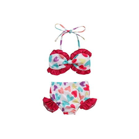 

Liacowi Sister Matching Swimwear Heart Print Bowknot One-Piece Bikini/Halter Crop Tops and Ruffles Shorts Swimsuit Set