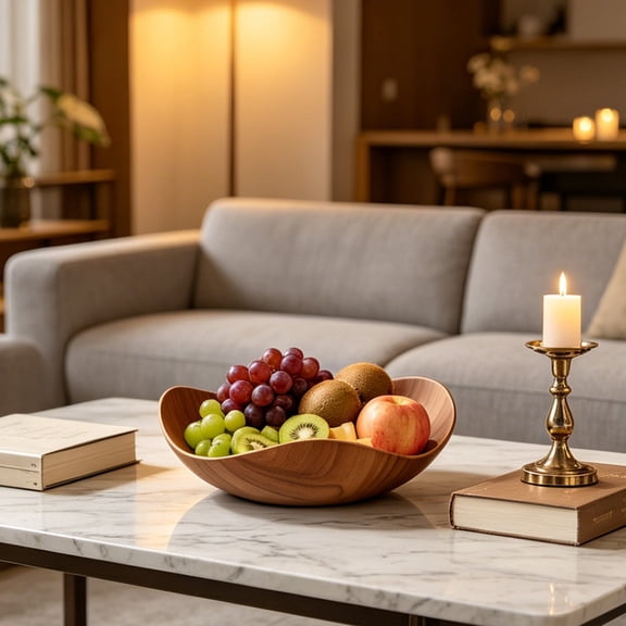 Fruit Tray, Imitation Wood Grain Plastic Decorative Serving Bowl for Kitchen Counter and Coffee Table, Curved Snack Catchall