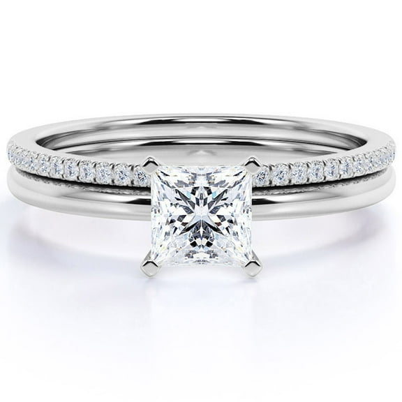 JeenMata Solitaire 1.5 carat Princess Cut Moissanite Wedding Ring Set in 18k White Gold Over Silver
