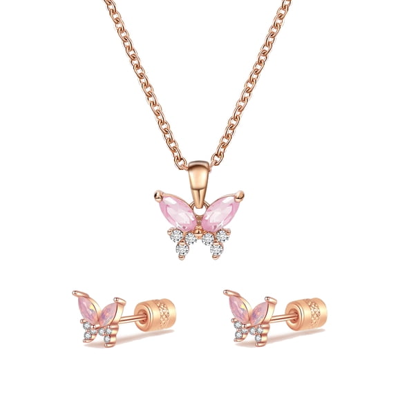 Hypoallergenic Butterfly Jewelry Set for Women, Cubic Zirconia Stud Earrings & Pendant Necklace Gift