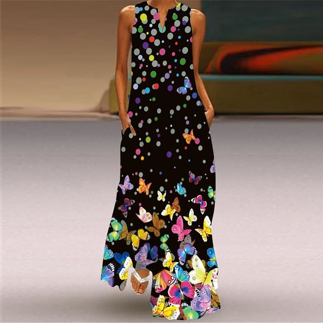SMihono Robe Maxi Bohème d'Été pour Femmes Grande Taille Robe d'Été Sans Manches Col en V Robe de Plage Longue Robe de Plage
