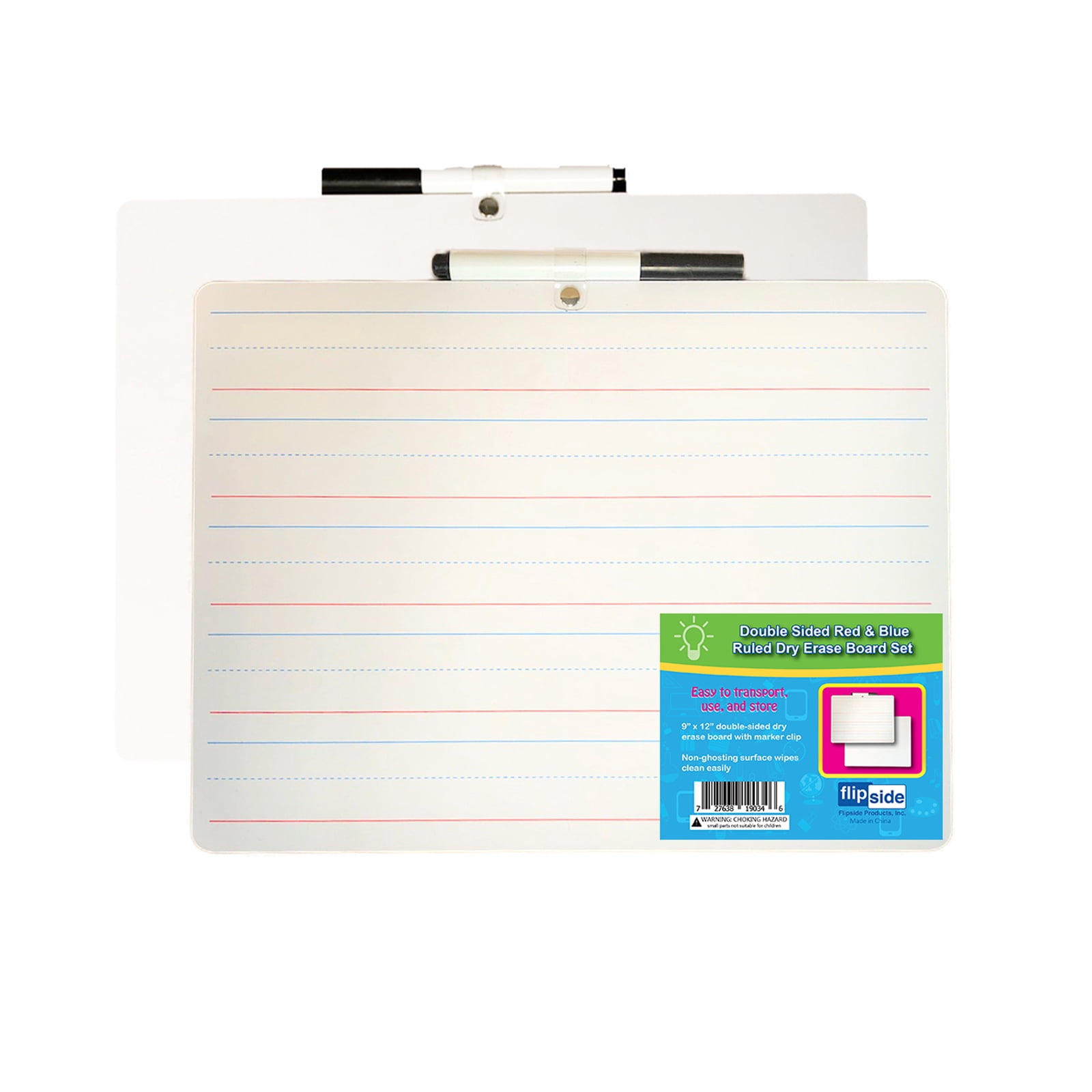 Flipside Products Two-Sided Primary Ruled/Blank Dry Erase Board with Attached Marker, 9" x 12", Pack of 3