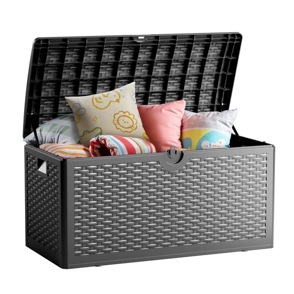 80 Gallon Deck Box, Double Layer Waterproof Resin Outdoor Indoor Storage Box, Lockable & UV Resistant Storage Bin for Patio Furniture, Garden Tools, Pool Accessories (Black)