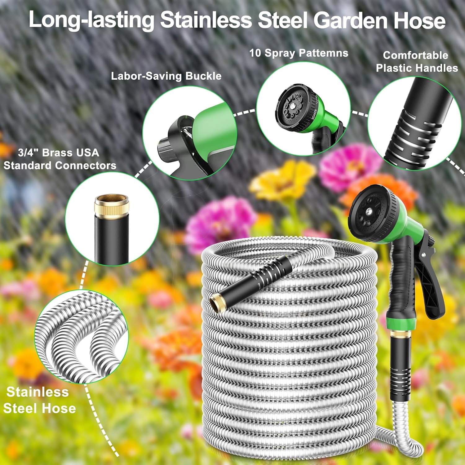 BN-LINK Garden Hose 50FT, 10 Pattern Thumb Spray Nozzle, No-Kink Flexible 304 Stainless Steel Water Hose, Lightweight Leak & Rust Proof Water Hose for Yard, Outdoor, 3/4" Swivel Connectors