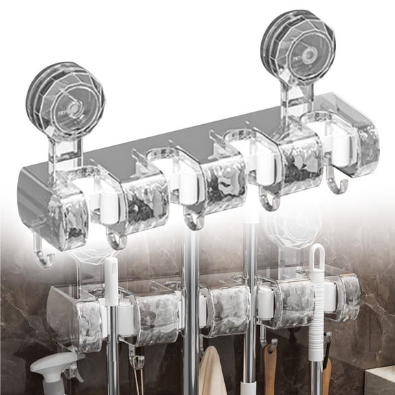 Broom Holder Wall Mount, No Drill Suction Cup Broom Holder, Garage Organization, Storage Rack, Broom Holder, Utility Closet Organizer, Mop and Broom Storage Tool Rack with 4 Slots